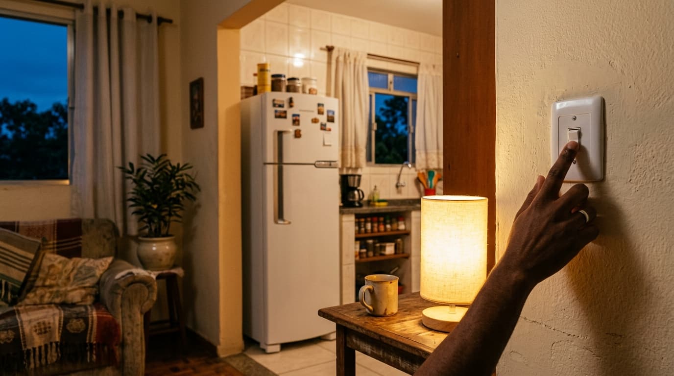 Interior aconchegante de uma casa brasileira simples ao anoitecer, uma lâmpada de LED acesa em um abajur, uma mão ajustando o interruptor na parede