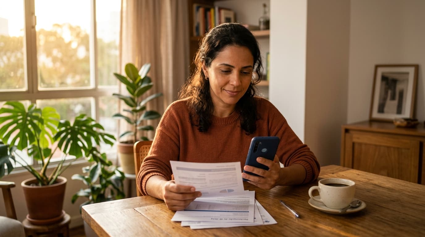 Pessoa atenta revisando uma mensagem no celular em casa, representando o cuidado para identificar golpes de empréstimo