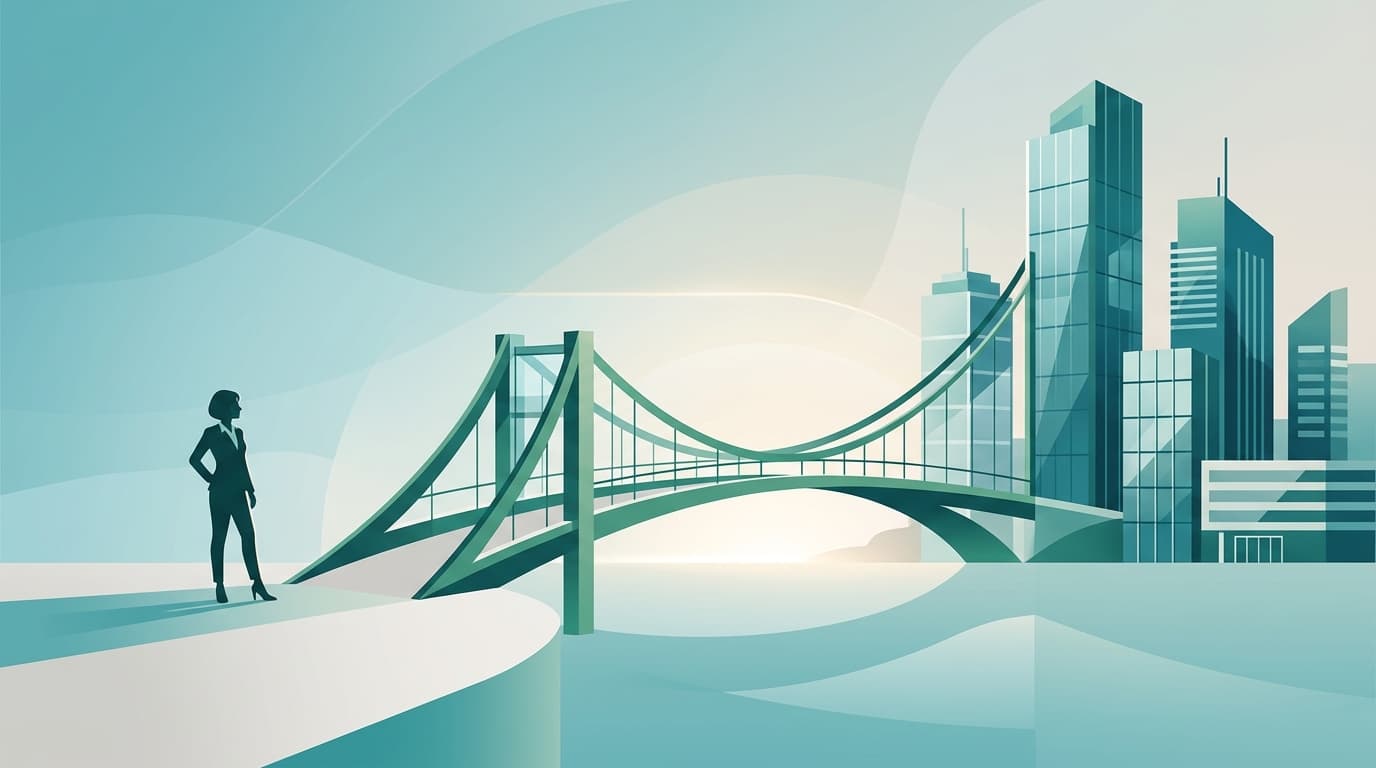 Ilustração de uma ponte conectando uma pessoa a instituições financeiras, simbolizando o papel do correspondente bancário na intermediação de crédito.
