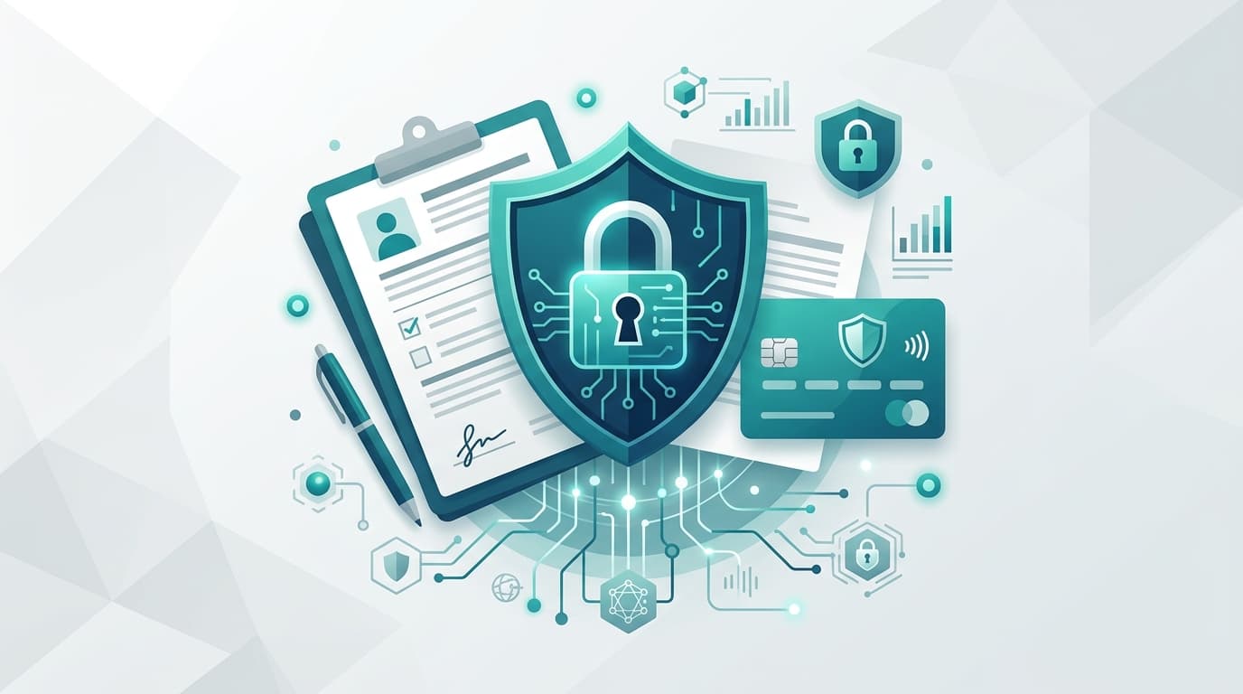 Cadeado digital sobre documentos e cartão simbolizando proteção de dados ao contratar crédito