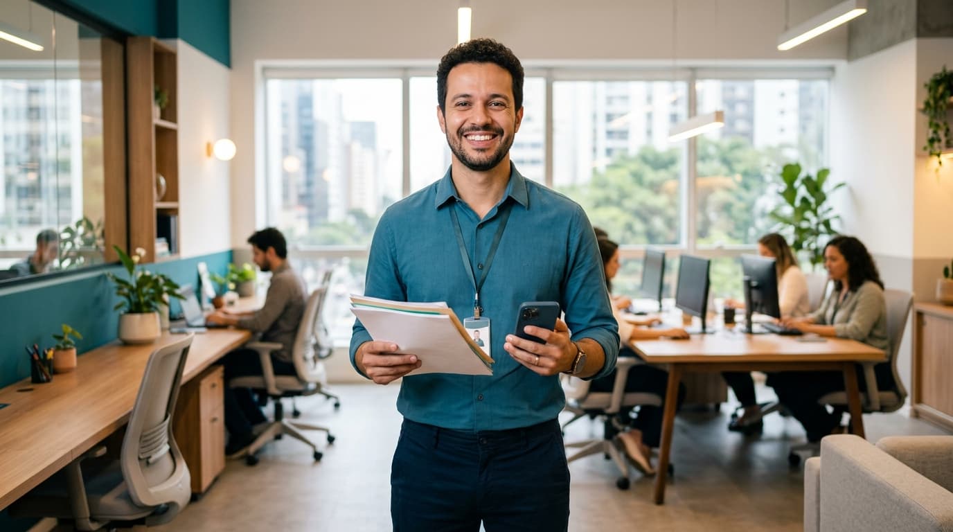 Trabalhador brasileiro de carteira assinada sorridente em ambiente de trabalho moderno e iluminado, segurando documentos