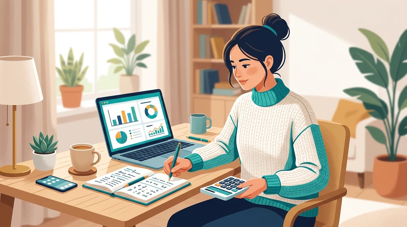 Pessoa organizando as finanças em uma mesa com calculadora, caderno e notebook com gráficos.